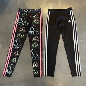 Girl Adidas Lot of 2 Leggings Large Size 14 Stripe Black Logo Colorful